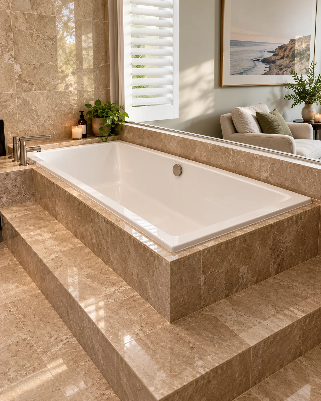 Built-in bathtub set into a tiled bathroom surround.